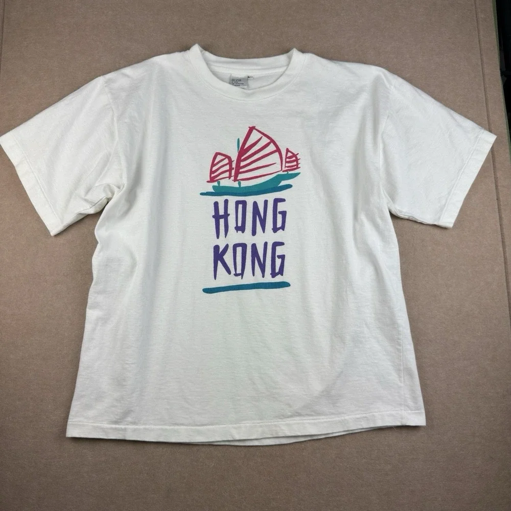 Vintage Hong‎ Kong Shirt Men L White Tourist Junk Boat Graphic Single Stitch Tee